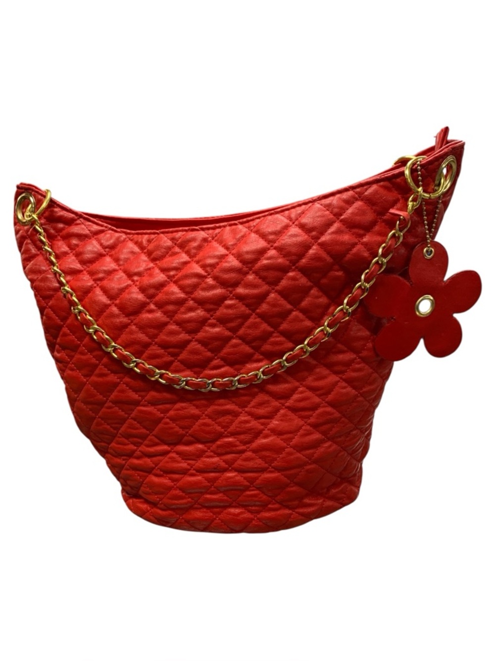Quilted Red Chain-Handle Tote Bag with Flower Charm - Picture 1 of 1